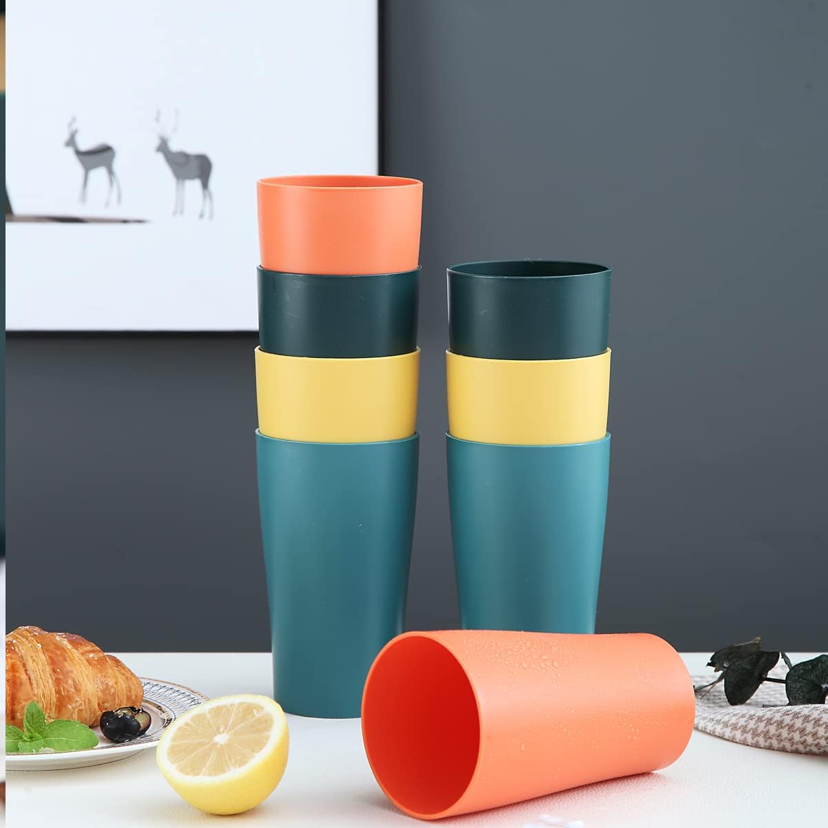 Set of 8 plastic cups, 450ml coffee mugs, unbreakable drinking cups for children and adults, reusable cups for water, milk, tea, and coffee; suitable for home, camping, picnics, and travel.