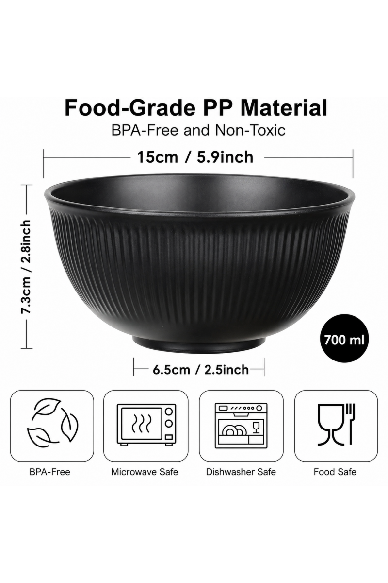 Set of 6 Plastic Cereal Bowls – Unbreakable Bowls for Fruit, Breakfast, Salad, Soup, Ramen, and Snacks – Black
