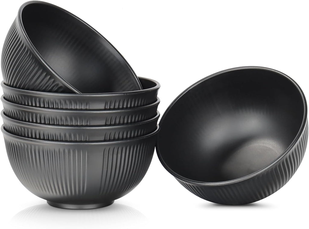 Set of 6 Plastic Cereal Bowls – Unbreakable Bowls for Fruit, Breakfast, Salad, Soup, Ramen, and Snacks – Black