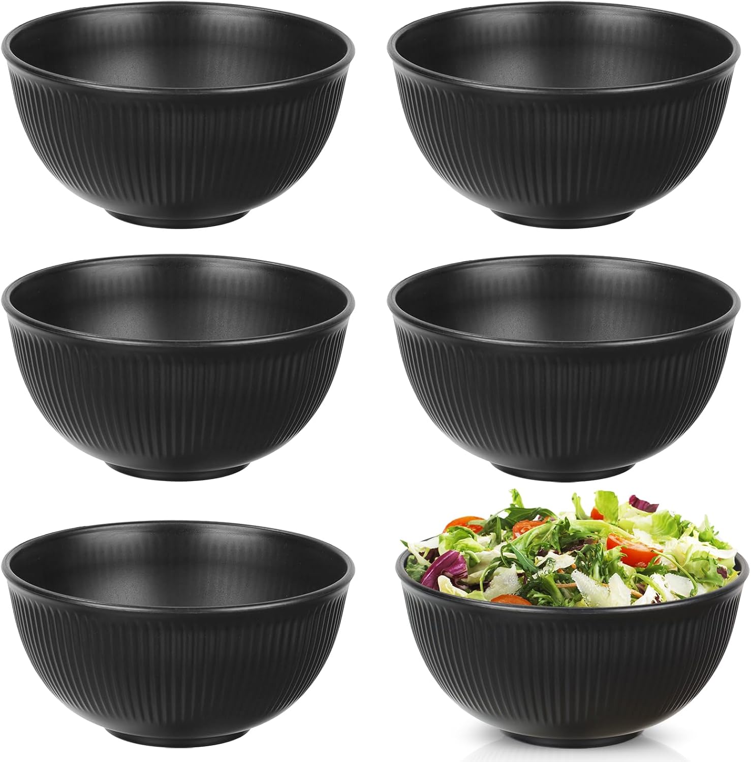 Set of 6 Plastic Cereal Bowls – Unbreakable Bowls for Fruit, Breakfast, Salad, Soup, Ramen, and Snacks – Black