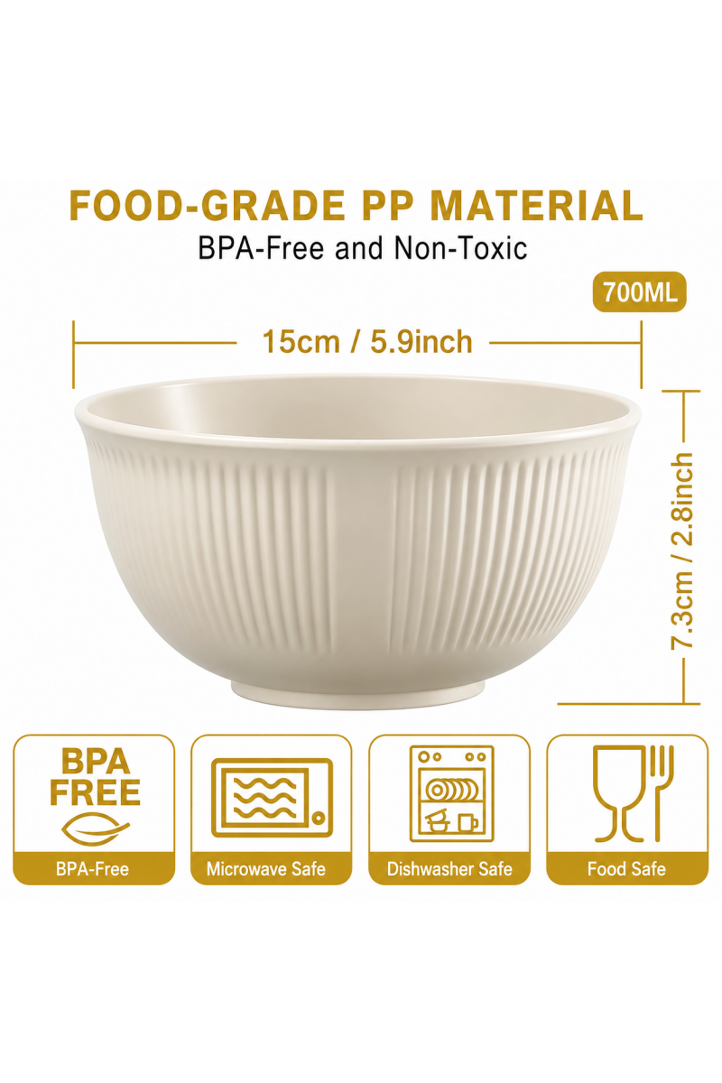 Set of 6 Plastic Cereal Bowls – Unbreakable, Lightweight Camping Bowls – Dishwasher & Microwave Safe, BPA-Free – Suitable for Soup, Cereal, Noodles, Rice, Salad